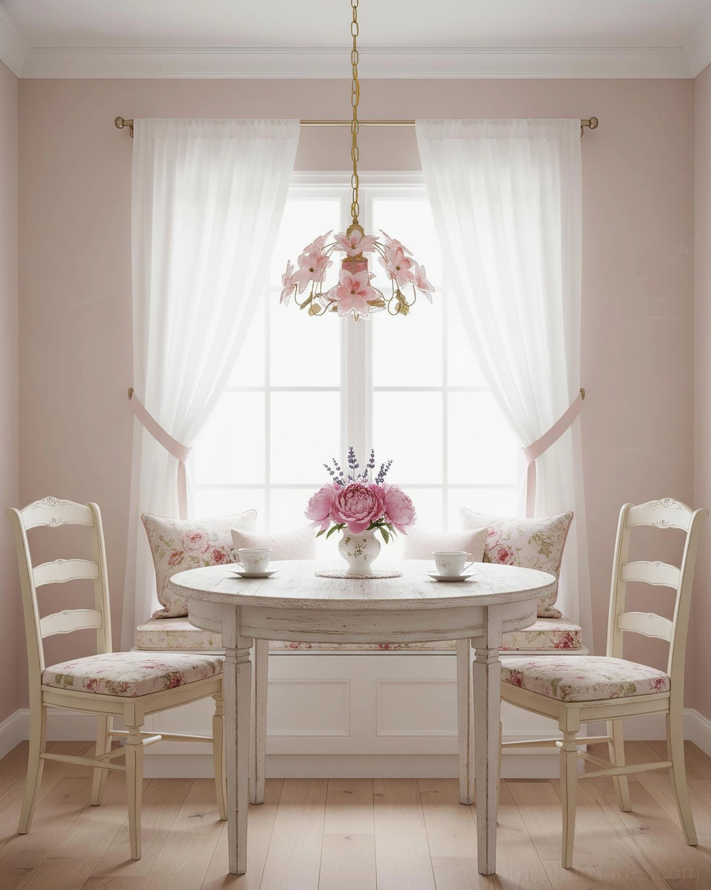 Blossira pink floral pendant light above dining table with matching upholstered chairs, bright dining area