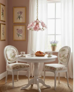 Blossira pendant lamp hanging in French country dining room with golden chain, warm ambient lighting
