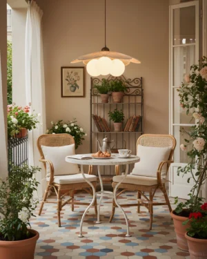 Woven botanical pendant lamp above dining table in French country kitchen with rattan chairs and warm neutral tones