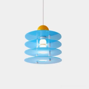 Blue layered acrylic pendant light with yellow sphere top - modern geometric disc design front view