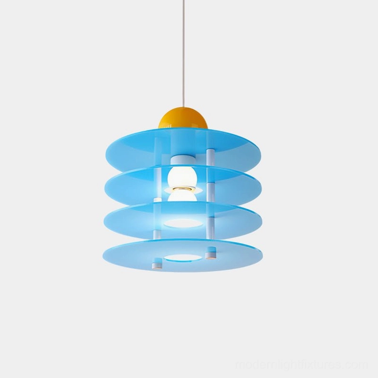 Blue layered acrylic pendant light with yellow sphere top - modern geometric disc design front view