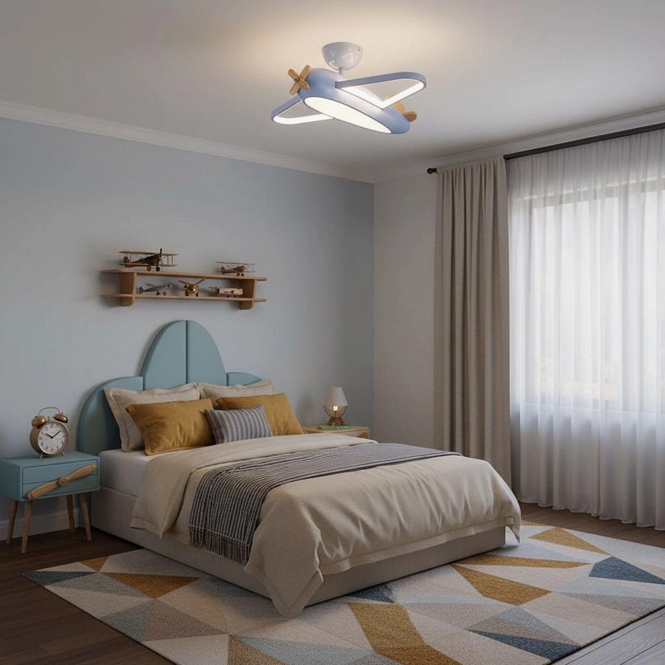 Blue airplane-themed ceiling light in master bedroom with minimalist decor and soft ambient lighting