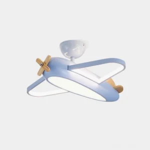 Modern blue airplane ceiling light fixture with wooden propeller detail, three-quarter overhead view on white background