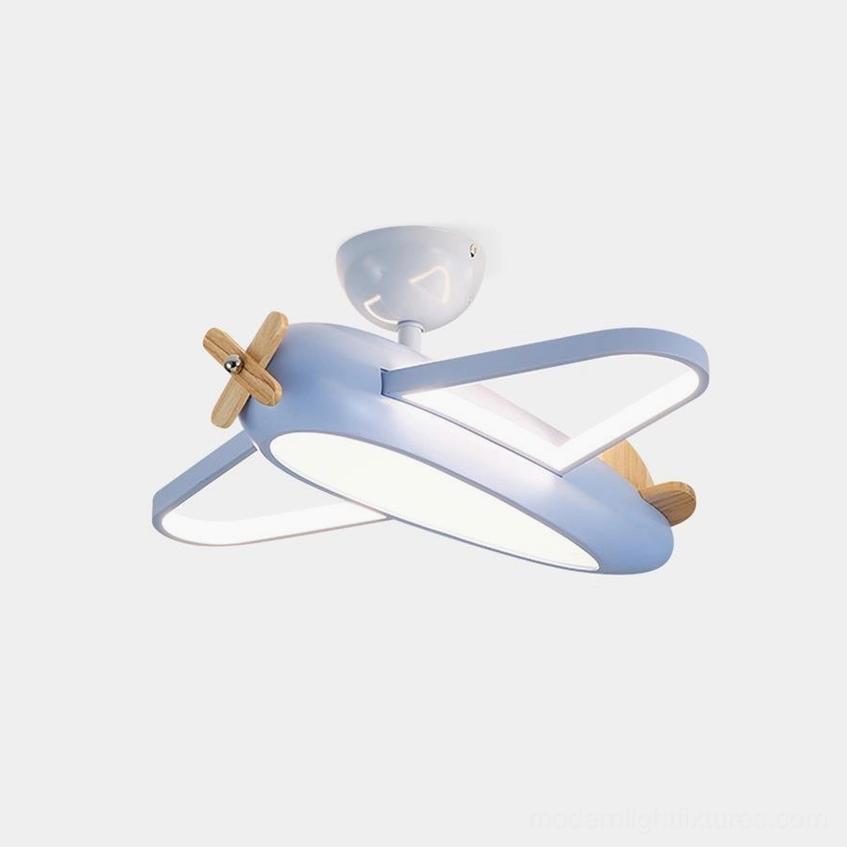 Modern blue airplane ceiling light fixture with wooden propeller detail, three-quarter overhead view on white background