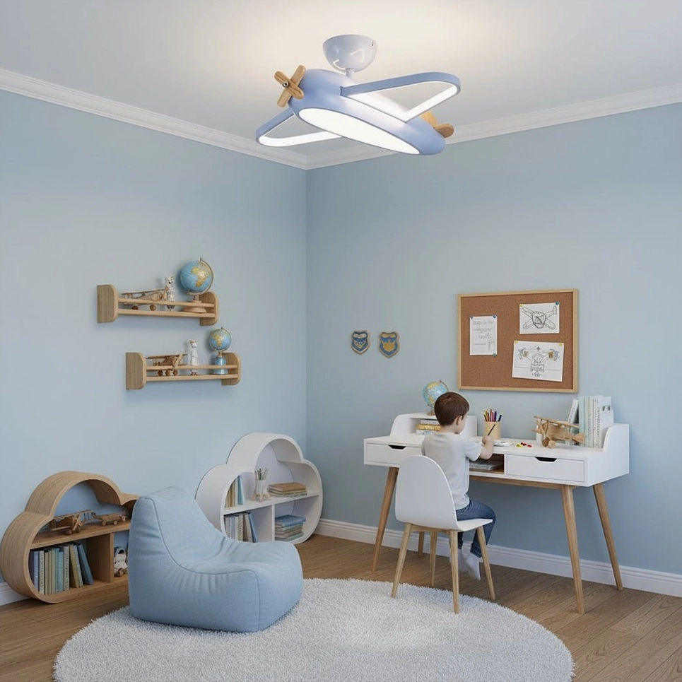 Blue airplane-themed ceiling light in kids study room with blue decor and wooden propeller detail