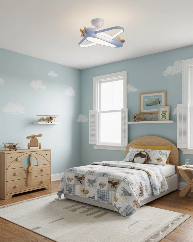 Blue airplane ceiling light fixture showing warm white 3000K LED lighting in nursery environment