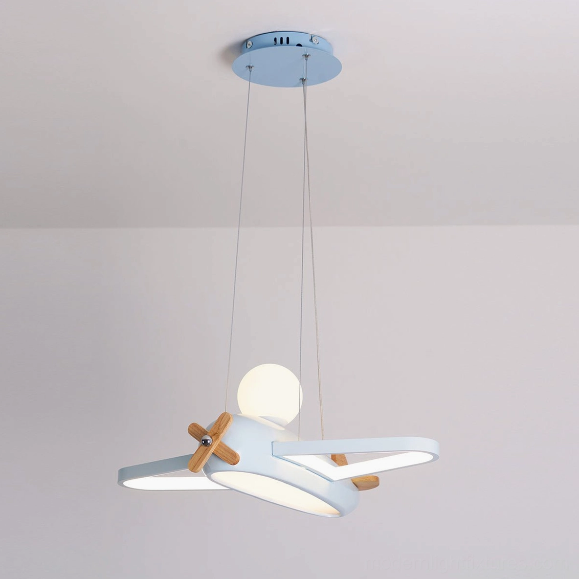 Blue airplane pendant lamp full product view showing complete fixture design with propeller metal frame acrylic cone