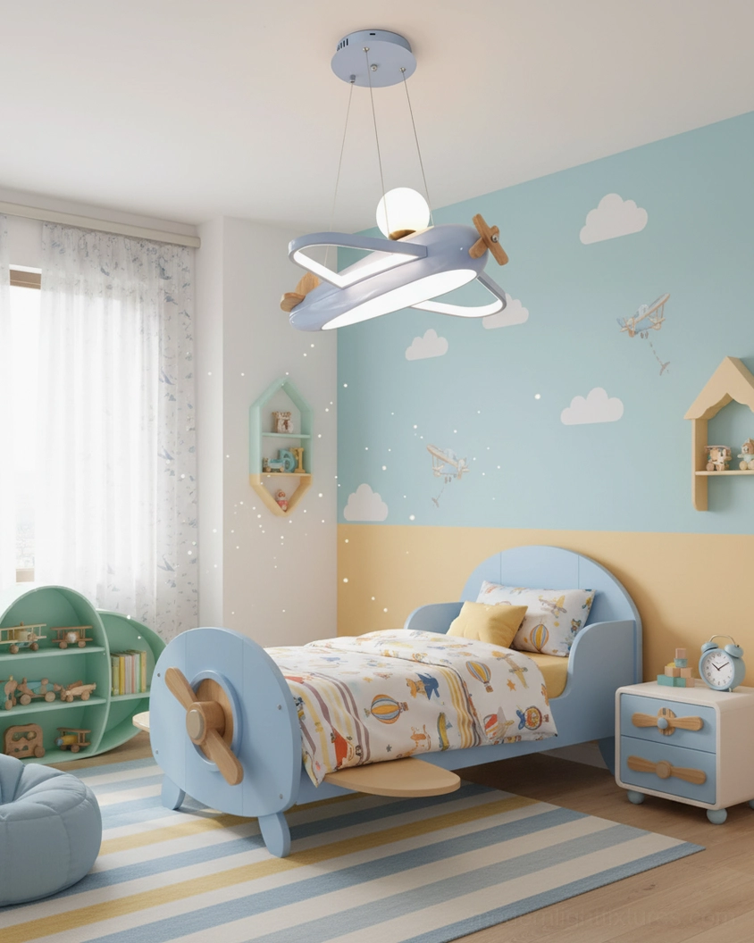 Soft blue airplane pendant light with spherical warm LED glow in cloud-themed nursery with airplane bed