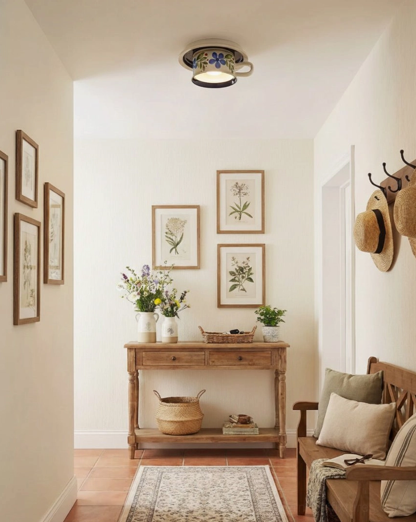 Blue ceramic tea cup ceiling lamp above formal farmhouse entryway gallery wall with botanical prints and warm neutral tones