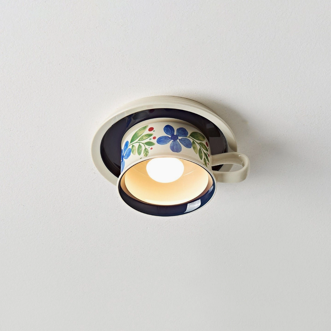Blue Brisa hand-painted ceramic ceiling lamp side profile view showing refined proportions and teacup form