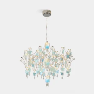 Blue butterfly dream crystal chandelier with handcrafted metal frame and shimmering crystal droplets against white studio background, demonstrating elegant modern luxury lighting design