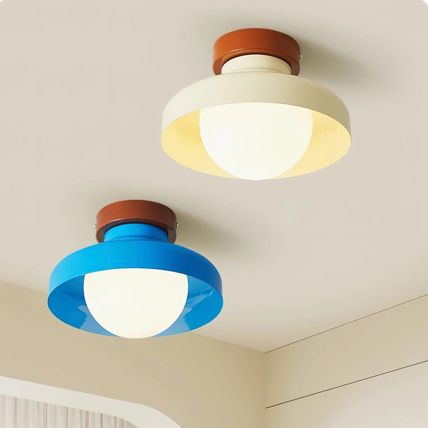 Blue modern flush mount ceiling light in small residential entryway with built-in bookshelf, contemporary interior design