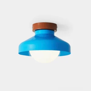 Blue Calico modern flush mount ceiling light fixture with leather-trimmed metal canopy and frosted glass diffuser, studio shot on white background