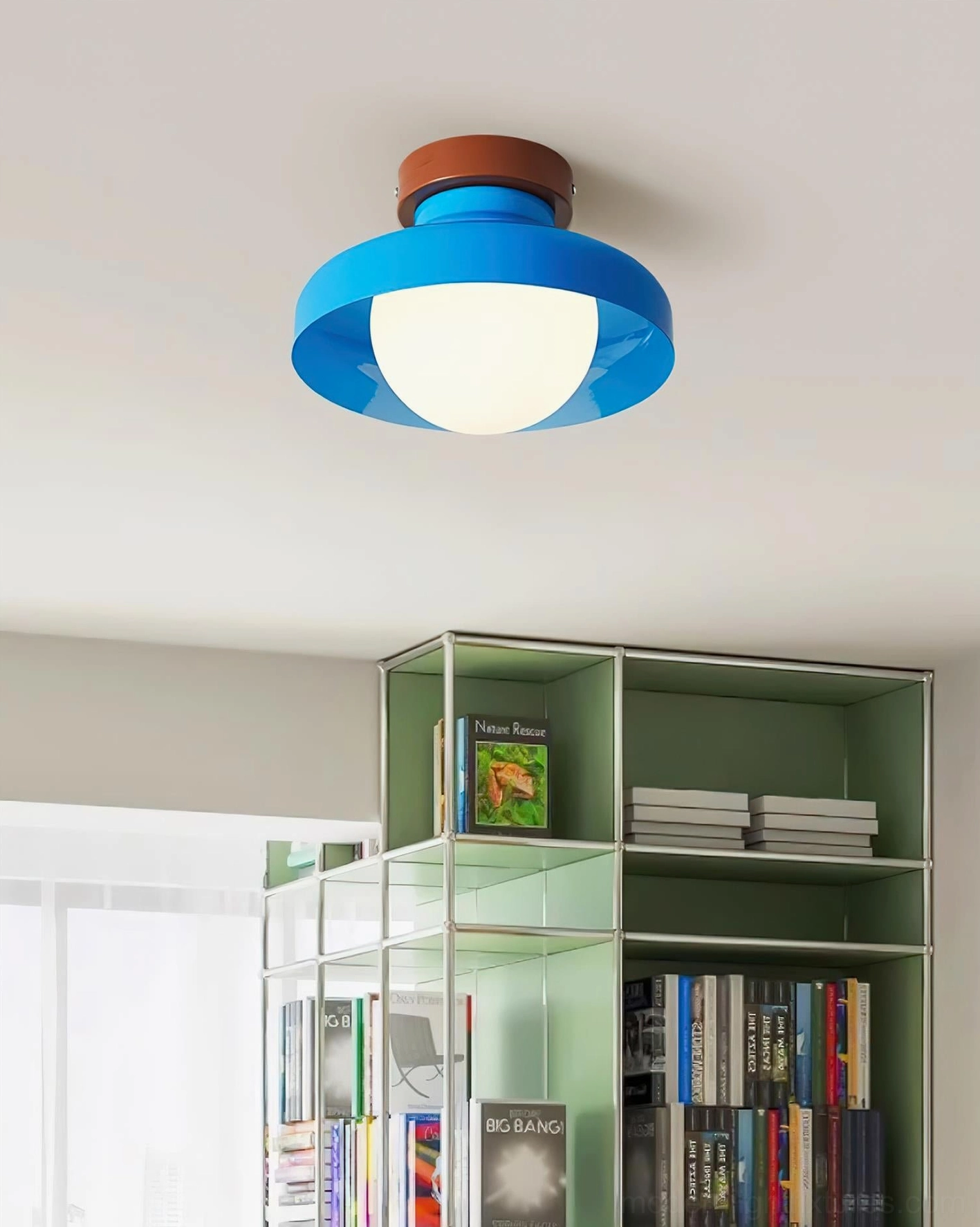 Blue modern flush mount ceiling light in colorful children's bedroom, vibrant design contemporary playroom