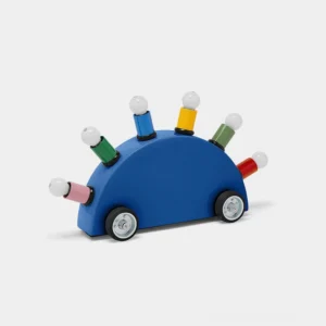 Blue cartoon car table lamp with colorful bulb stems front oblique view modern playful lighting