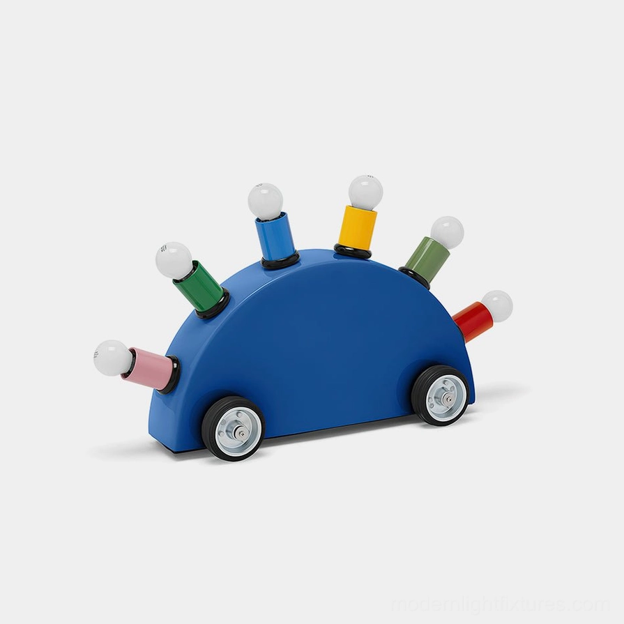 Blue cartoon car table lamp with colorful bulb stems front oblique view modern playful lighting