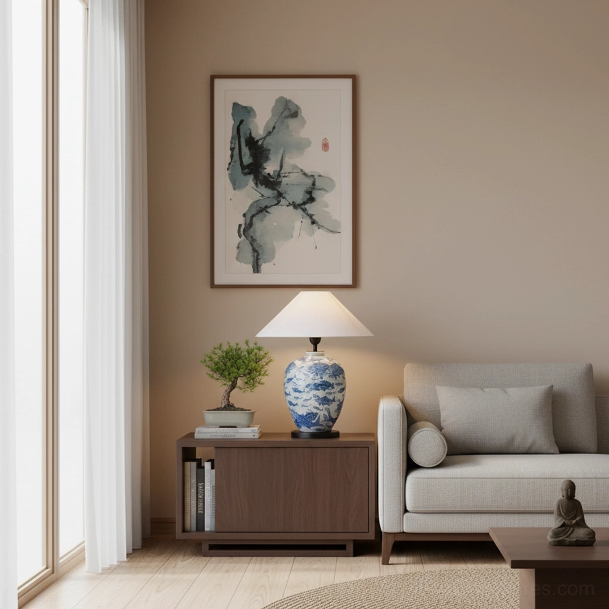 Blue and white ceramic table lamp with hand-painted fish designs, front three-quarter view on neutral background