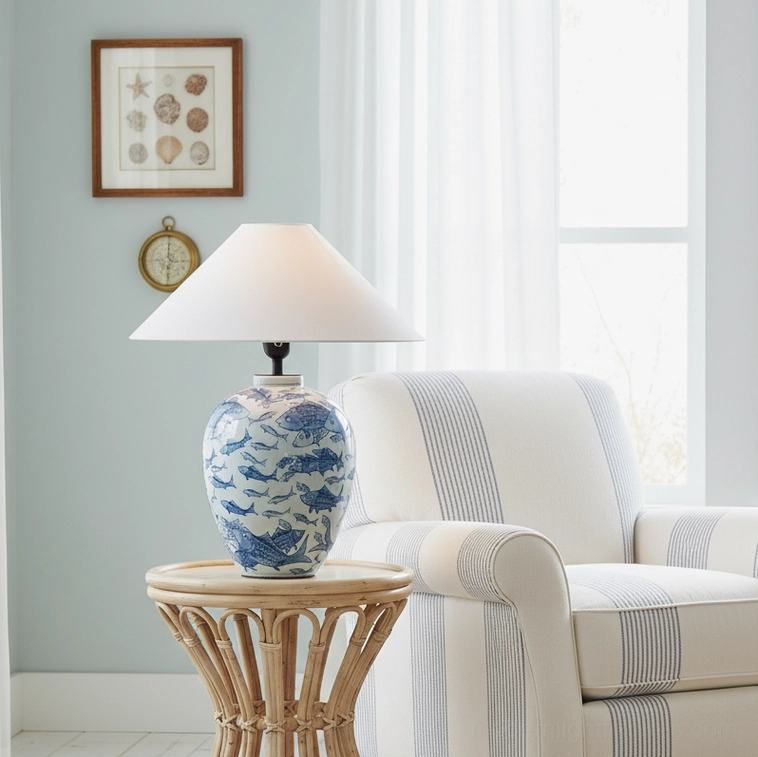 Hand-painted blue and white ceramic table lamp in cozy light blue living room, displayed on rattan side table with striped sofa backdrop