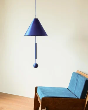 Navy blue geometric cone pendant light with metal rod and sphere counterweight in contemporary living room