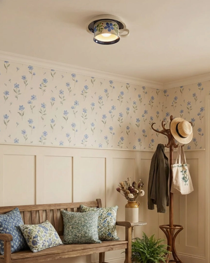 Blue hand-painted floral tea cup ceiling light in cozy farmhouse lounge nook with botanical wallpaper and country vintage decor