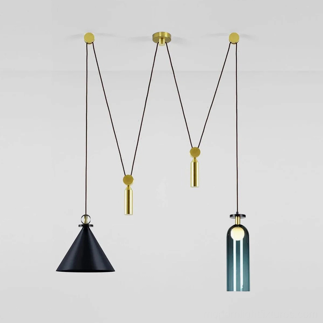 Blue geometric pendant chandelier unique color option contemporary statement lighting interior design accent