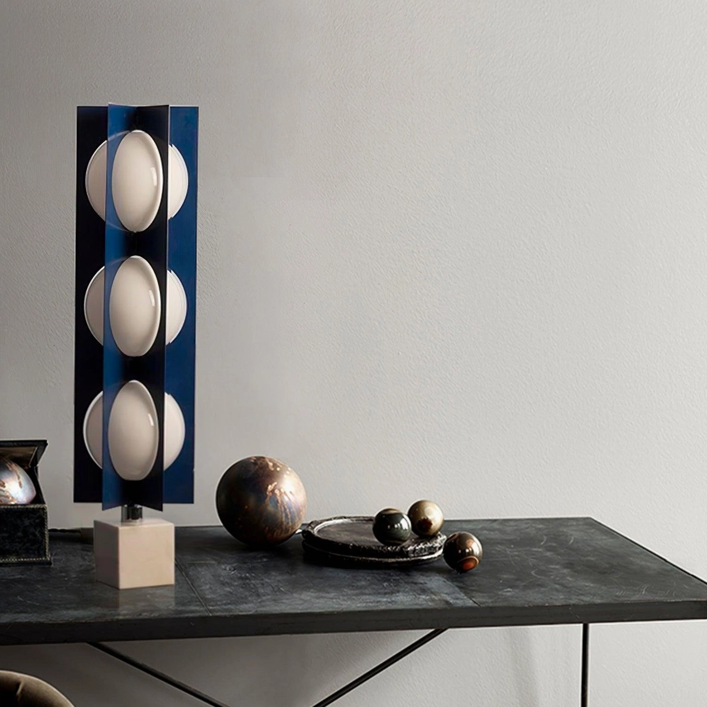 Tabletop accent lamp with 3 blue glass spheres paired with decorative metal orbs home styling
