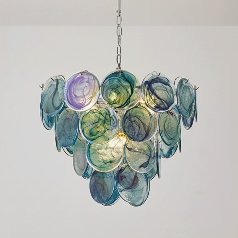 Blue hand-blown glass disc chandelier 4-layer large 80cm size professional detail