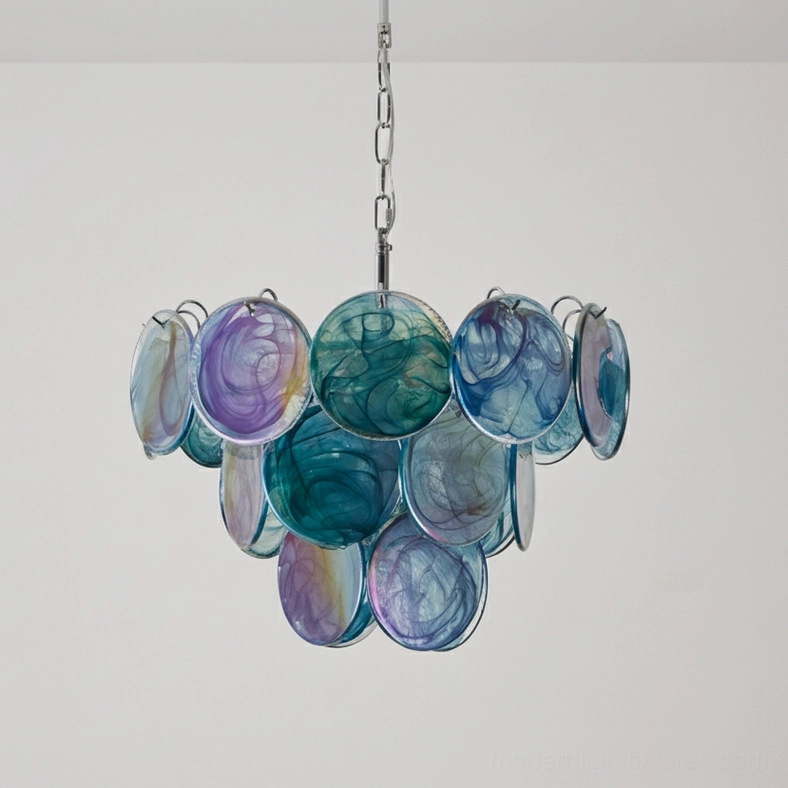 Blue hand-blown glass disc chandelier 4-layer medium size professional lighting detail
