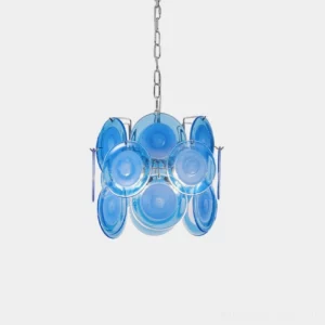Modern blue glass disc pendant light with polished chrome hardware and frosted translucent shades against white background
