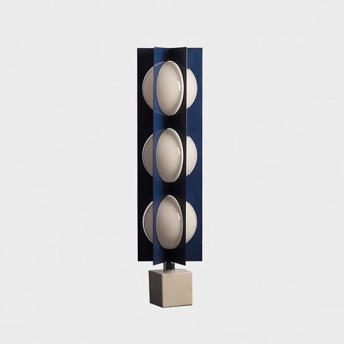 Compact 3-head blue glass floor lamp close-up marble base detail sculptural design
