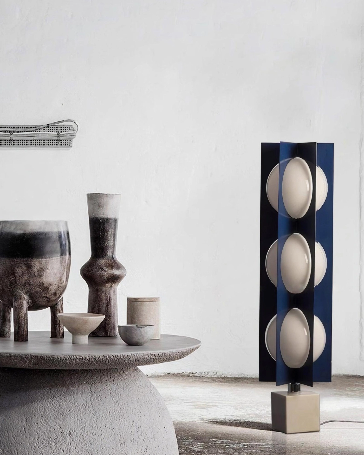 Contemporary blue glass floor lamp geometric frame design white marble base elegant