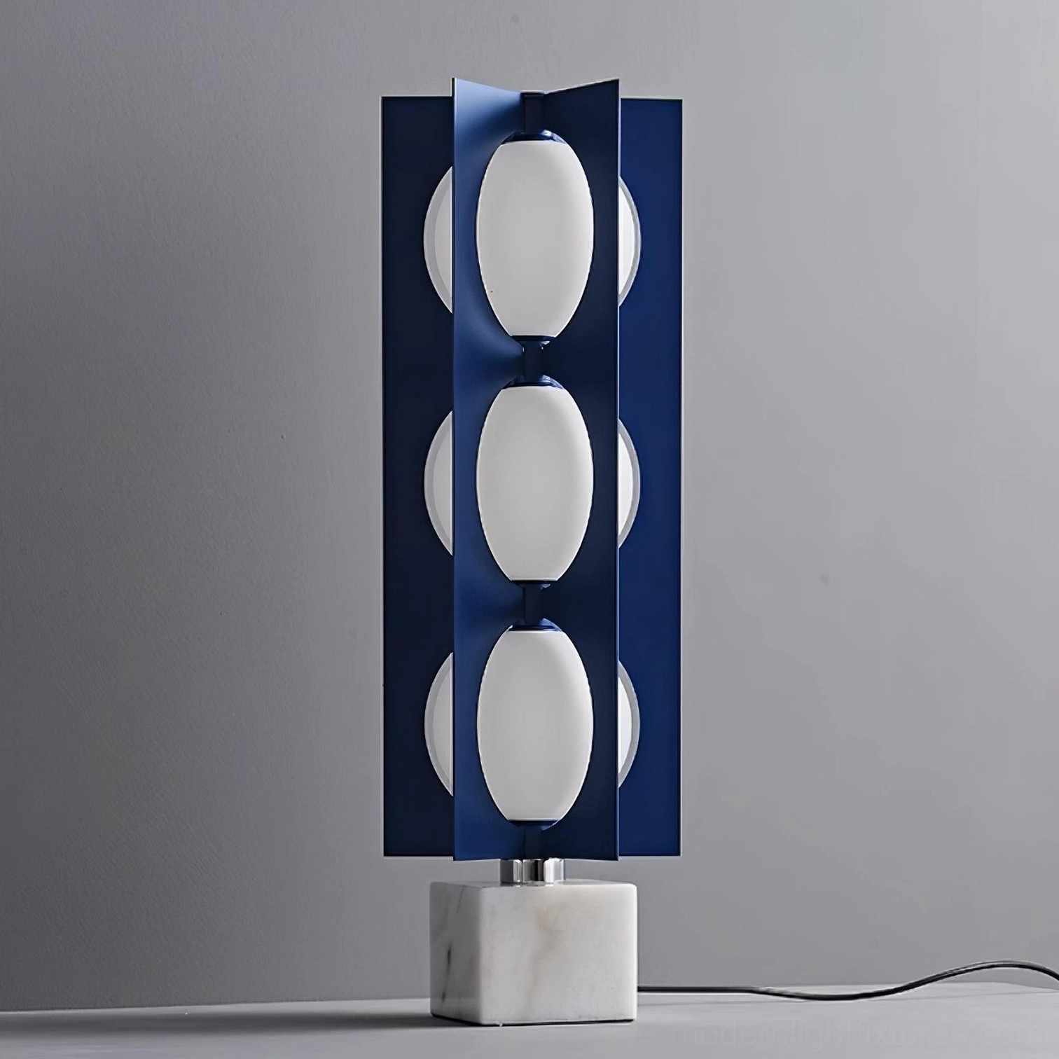 Blue glass floor lamp mid-century modern style metal frame marble base statement piece