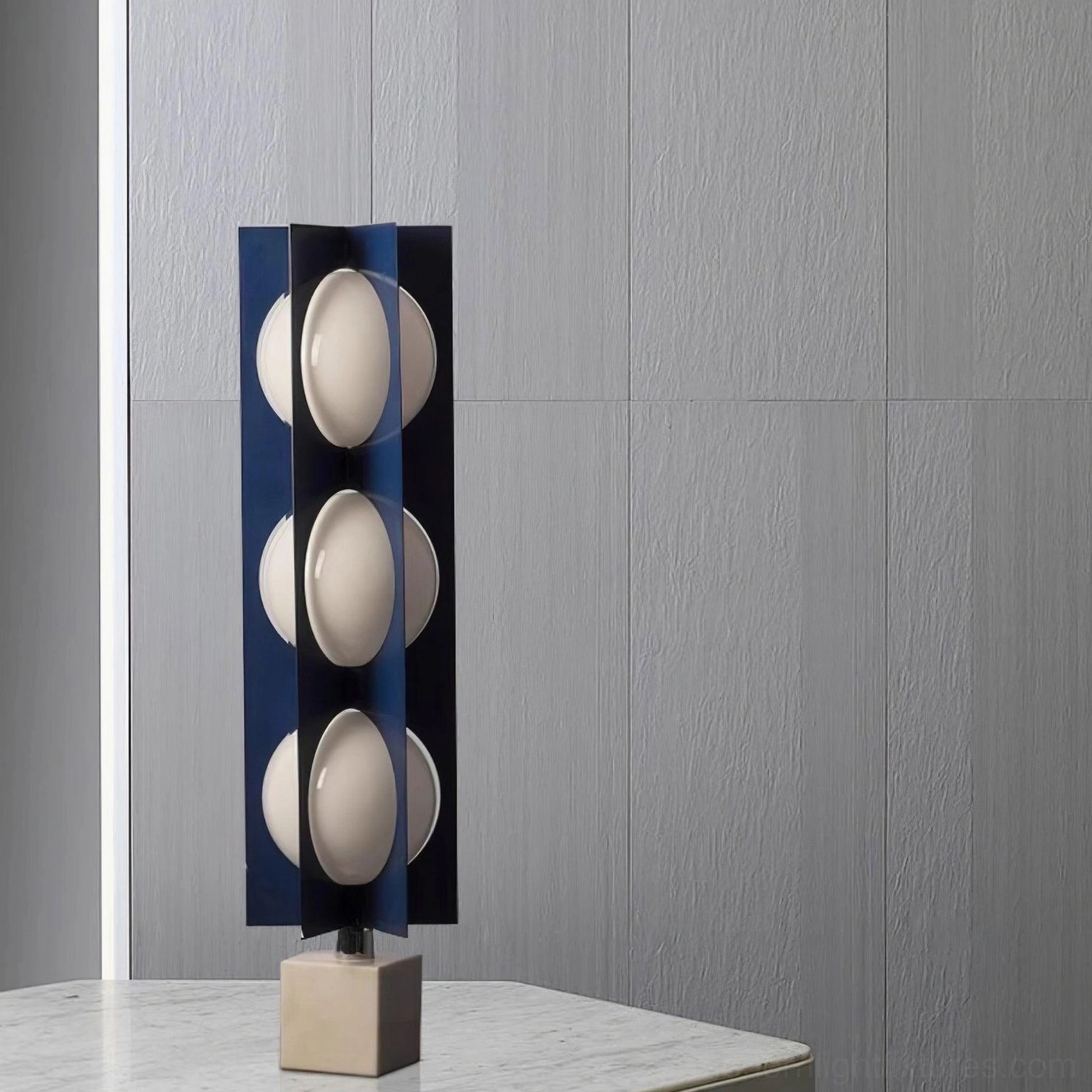 Blue floor lamp spherical glass diffuser modern lighting sculpture interior styling