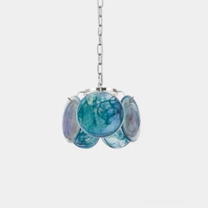 Hand-dyed blue glass artistic pendant light with chrome hardware, overhead studio view
