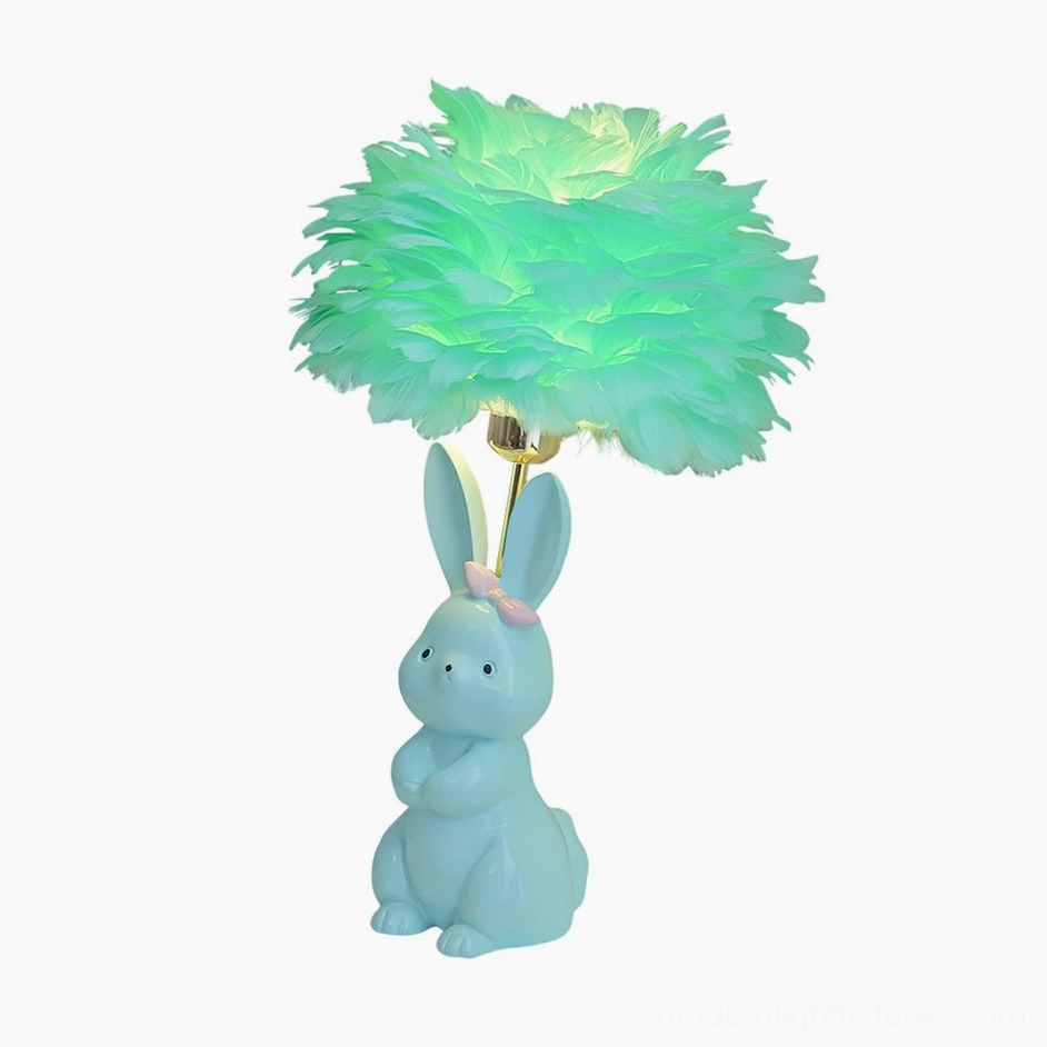 Blue and green feather ceramic bunny lamp with stable base - modern kids room table lighting