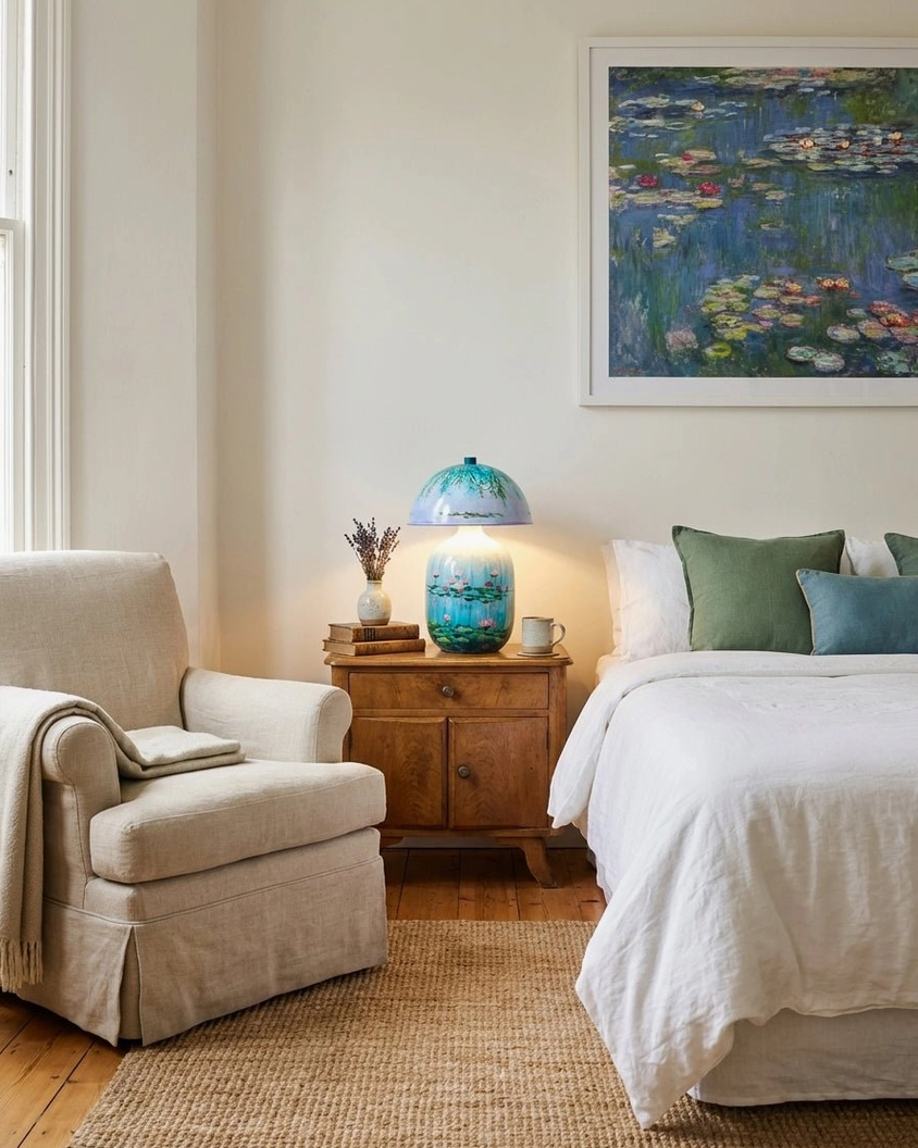 Blue-green glazed ceramic mushroom table lamp on dark wood nightstand with artistic wall decor