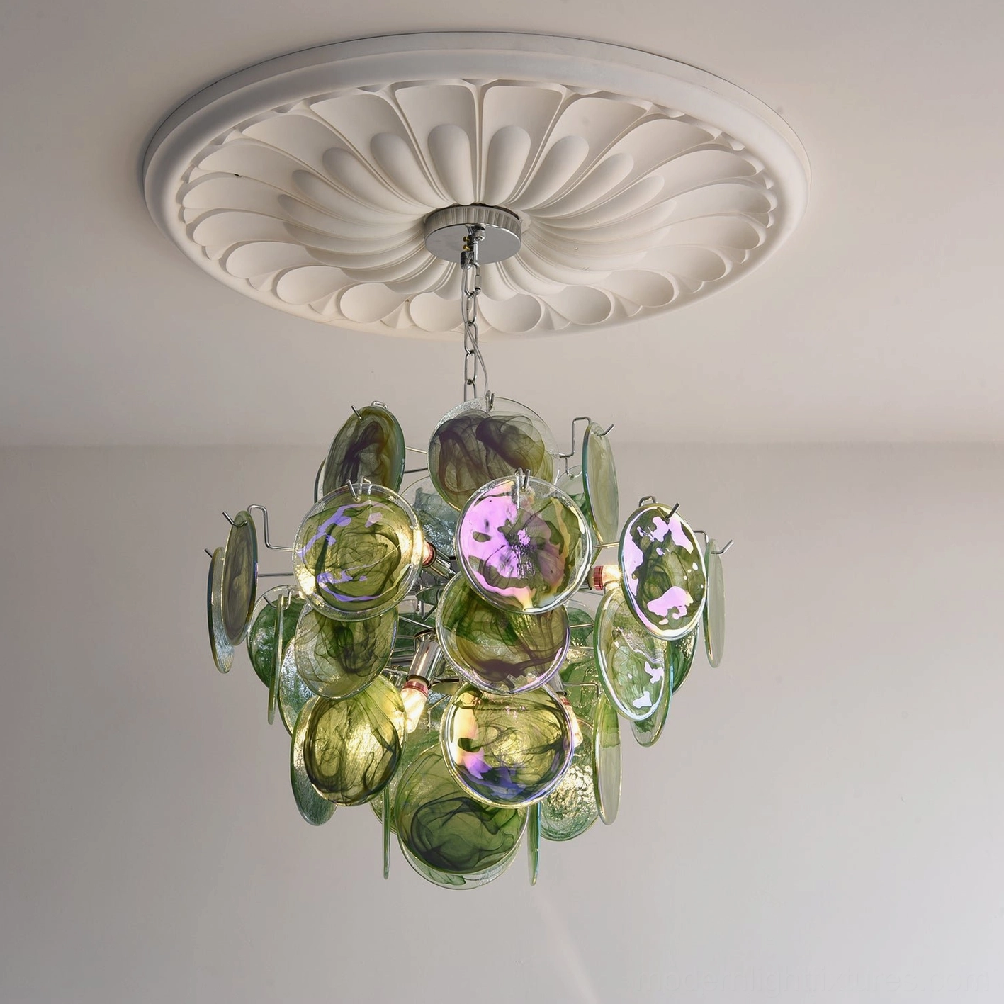 Blue variant glass disc modern chandelier with romantic luxury ambiance and artistic glass composition