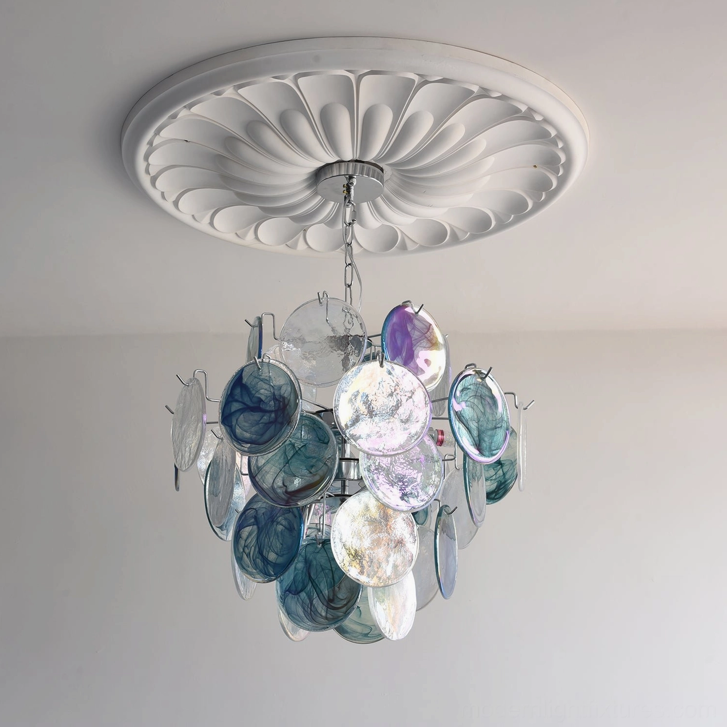 Blue variant large glass disc modern chandelier ceiling view with full disc array visible