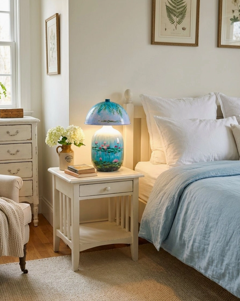 Blue marbled ceramic table lamp on white nightstand in modern minimalist master bedroom