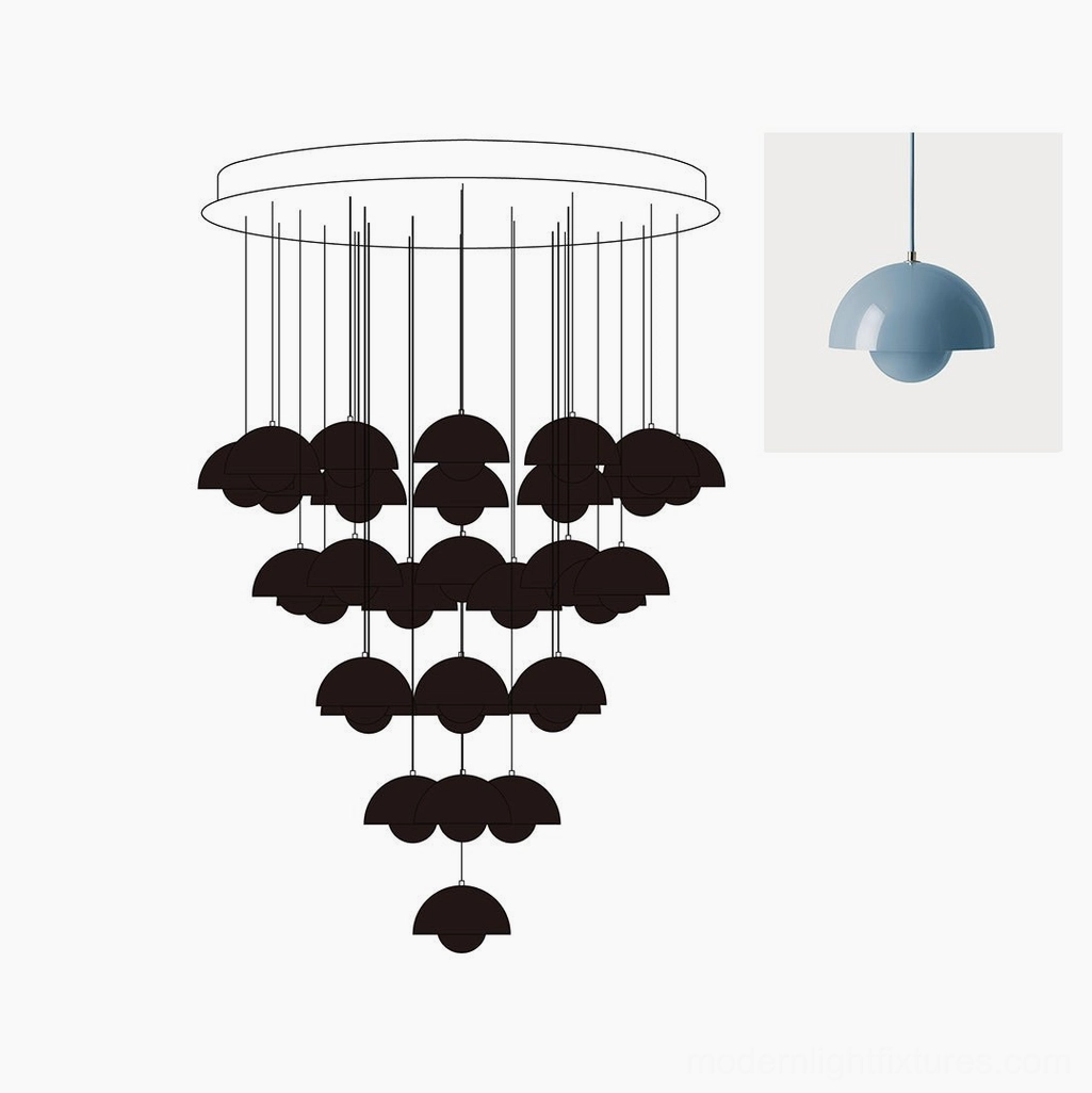 Blue matte finish dome pendant chandelier with 31 heads configuration in modern residential interior