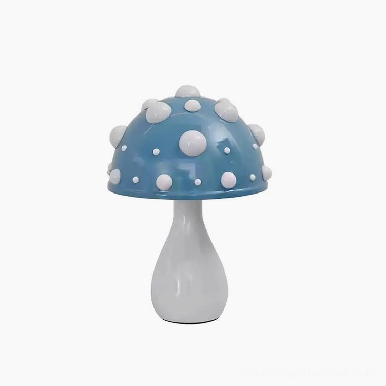 Blue mushroom table lamp with RGB LED technology, showing color-changing capabilities in home office setting