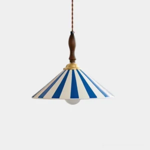 Blue and white striped vintage ceramic pendant light with brass hardware and wooden top, studio shot showing detailed artisan hand-painted design