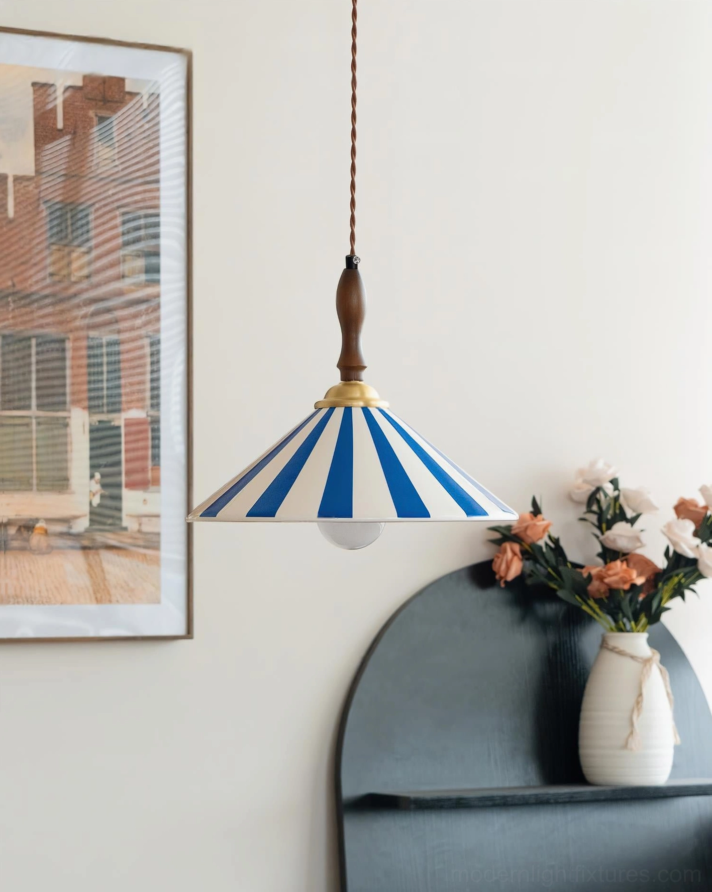 Blue striped vintage carnival-style ceramic pendant lamp showcasing classic retro stripe pattern design on white background