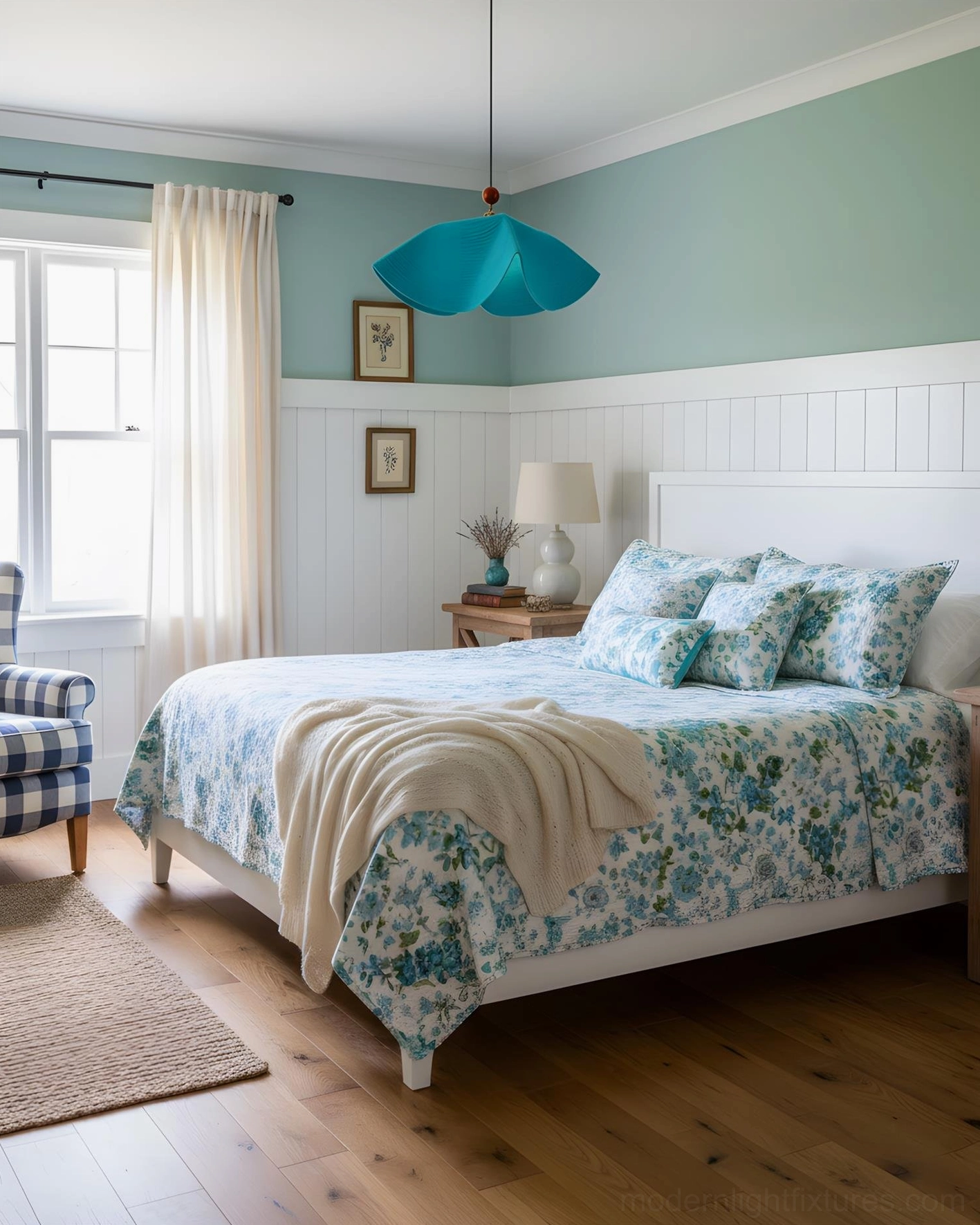 Blue teal wave pendant light hanging in contemporary bedroom with mint walls and floral accents