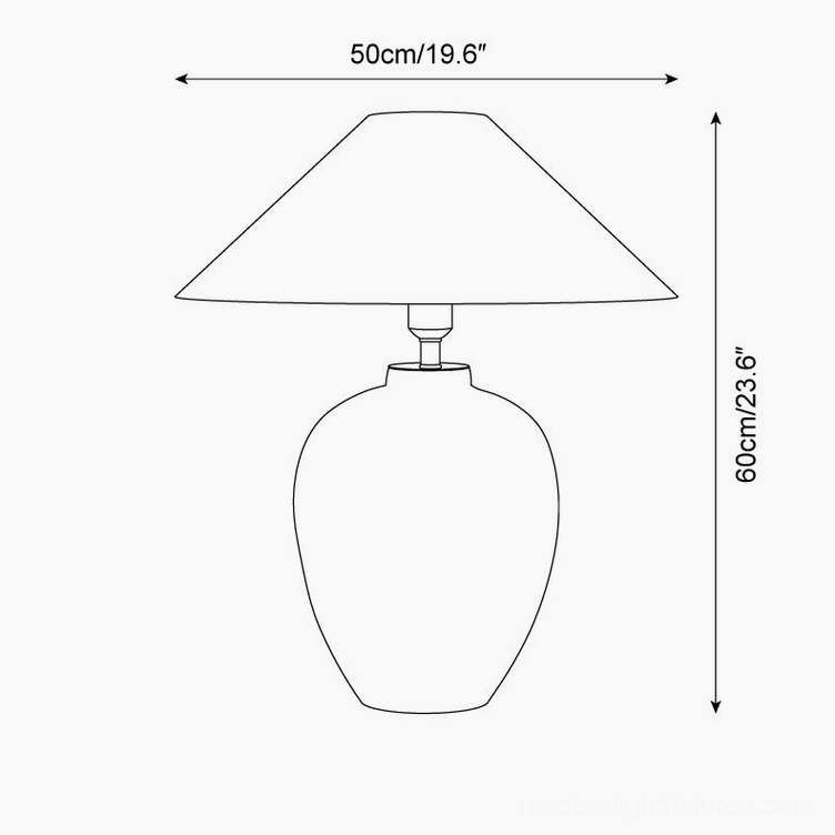 Blue and white ceramic table lamp technical dimension drawing showing 50cm diameter and 60cm height specifications