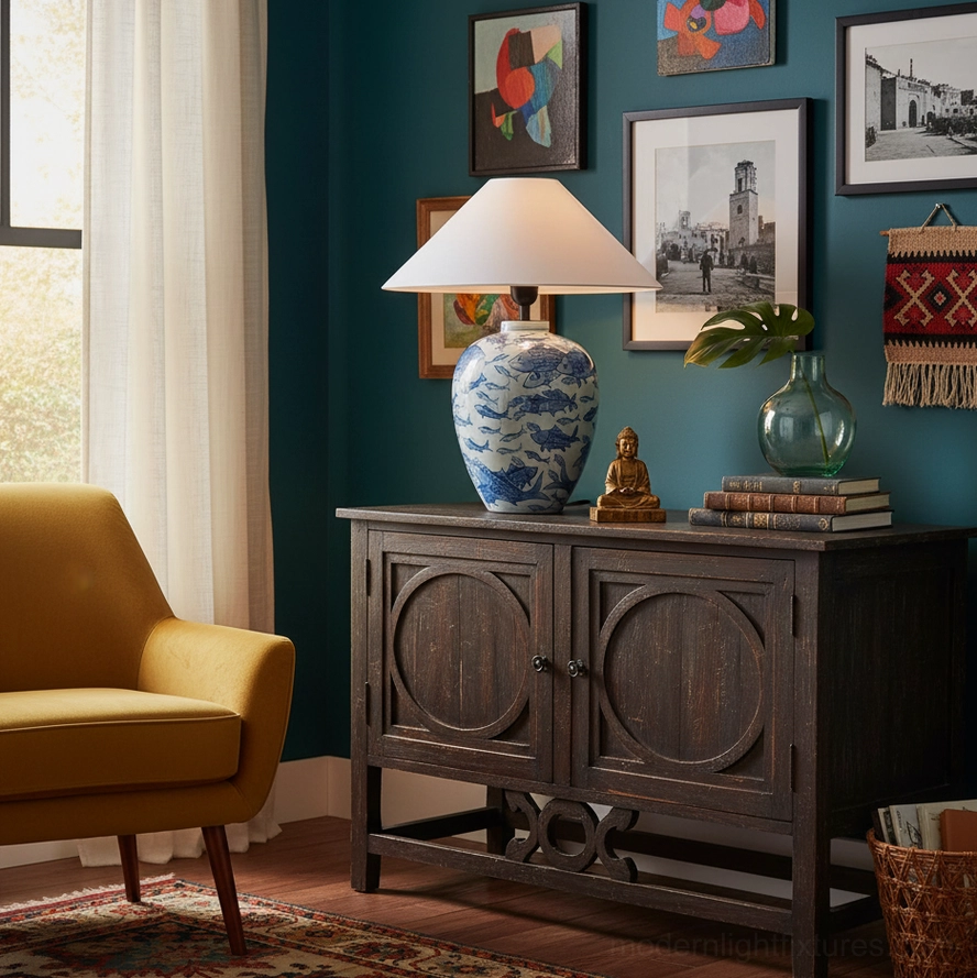 Hand-painted blue and white ceramic table lamp in vintage-styled living room with dark wall, displayed on dark wood cabinet with wall art
