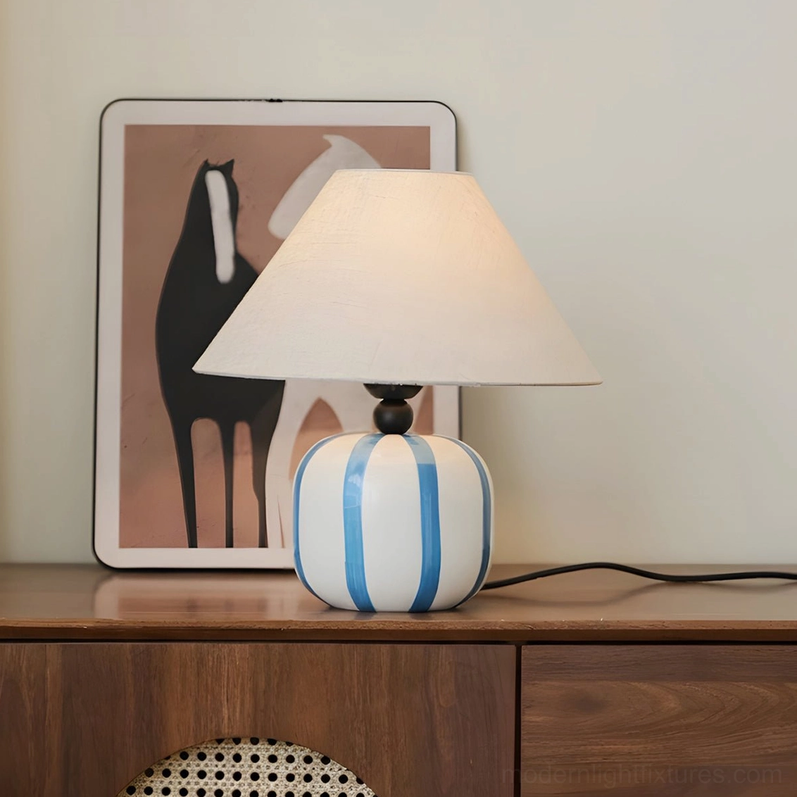 Blue white striped ceramic table lamp multiple angle views product showcase