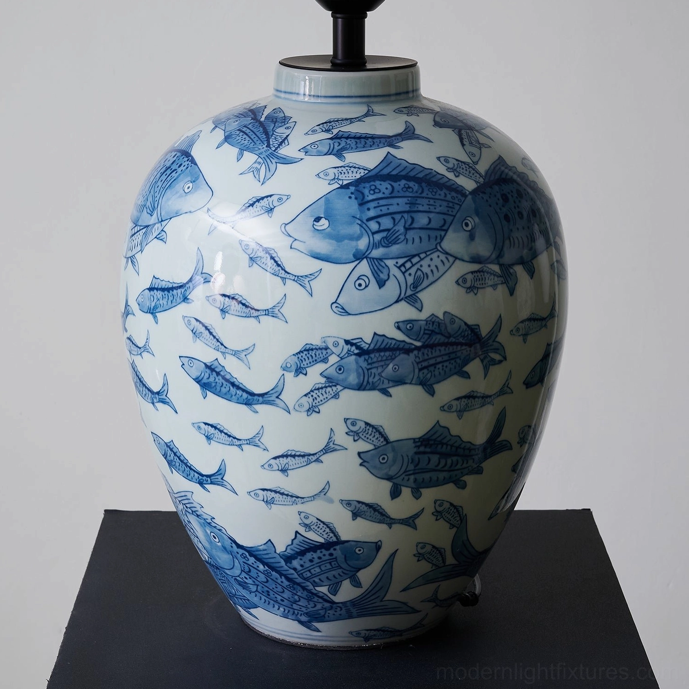 Hand-painted blue and white ceramic table lamp with fabric shade, complete product view with all components visible