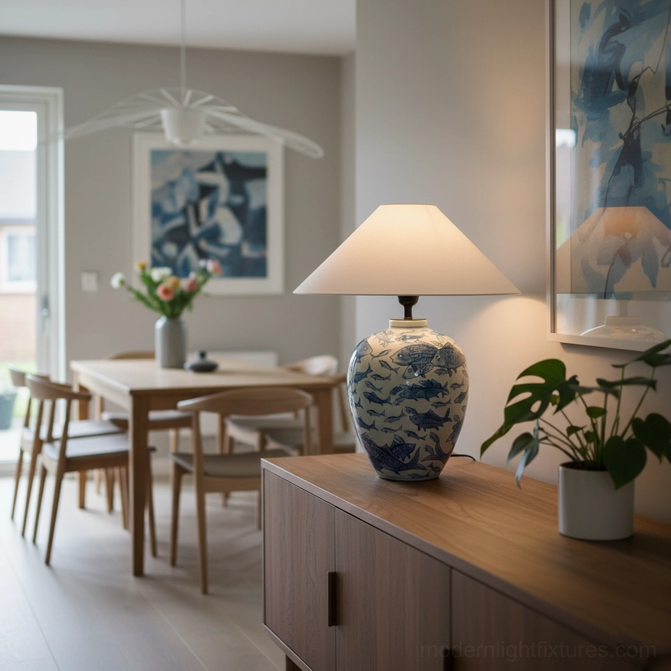 Blue and white decorative ceramic table lamp in contemporary dining and living area, positioned on dark wood sideboard