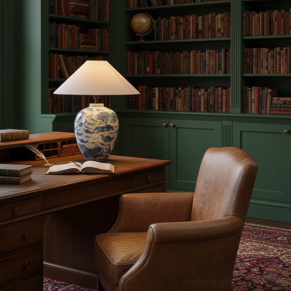 Decorative blue and white ceramic table lamp with fabric shade, profile view highlighting globular base form and proportions